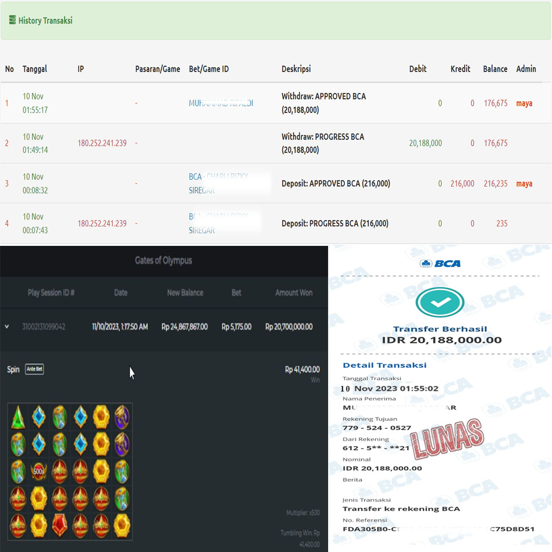 BUKTI WD PUASBET 10 NOV 2023 (JACKPOT GATES OF OLYMPUS Rp. 20.188.000 – LUNAS)