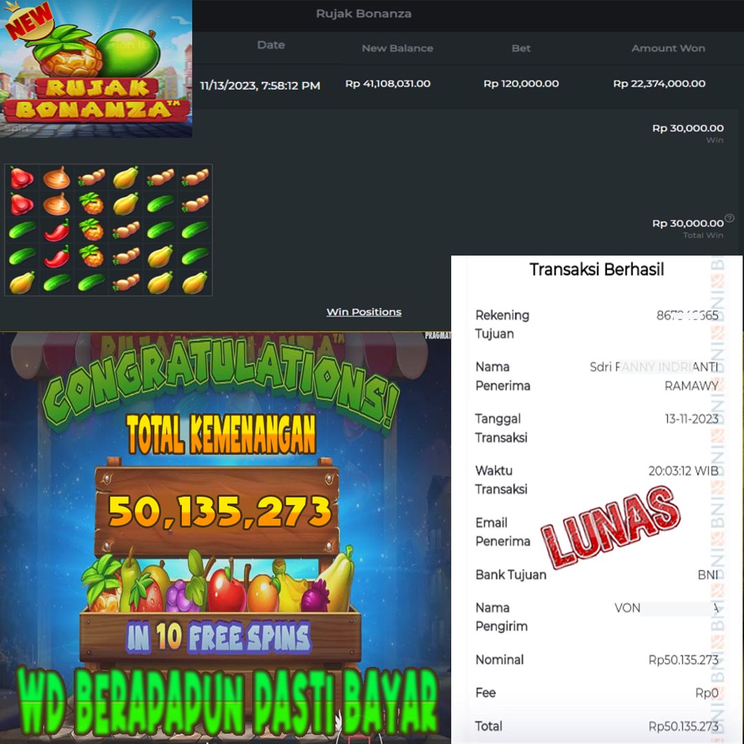 BUKTI WD PUASBET 14 NOV 2023 (JACKPOT RUJAK BONANZA Rp. 50.135.273 – LUNAS)