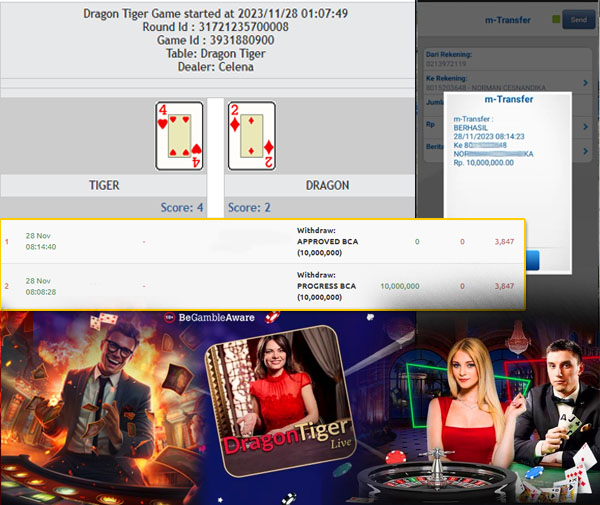 BUKTI WD PUASBET 28 NOV 2023 ( Live Games PP-Dragon Tiger Rp. 10,000,000– LUNAS)