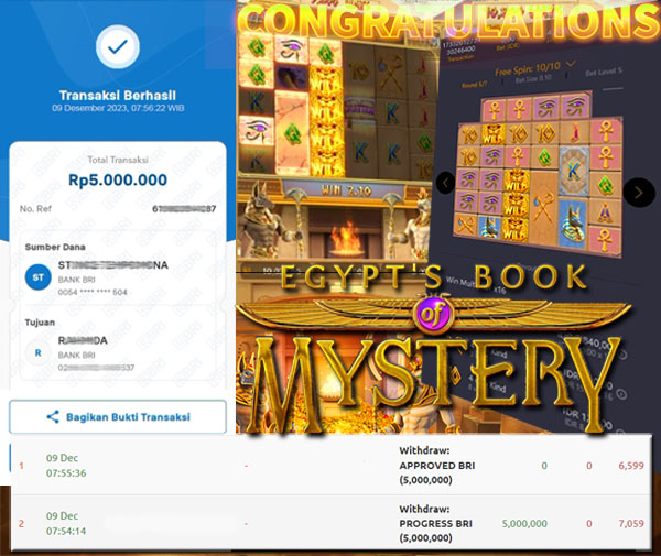 BUKTI WD PUASBET 09 DES 2023 ( Egypts Book of Mystery Rp. 5,000,000– LUNAS)