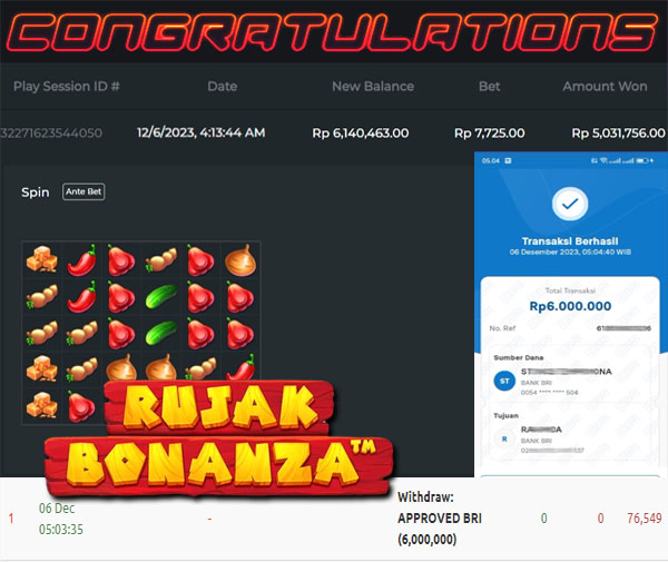 BUKTI WD PUASBET 06 DES 2023 ( Rujak Bonanza  Rp. 6,000,000– LUNAS)