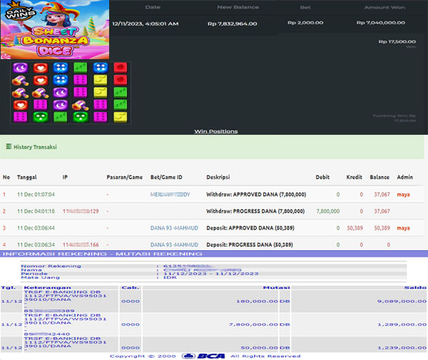 BUKTI WD PUASBET 11 DES 2023 ( Sweet Bonanza Dice Rp. 7,800,000– LUNAS)