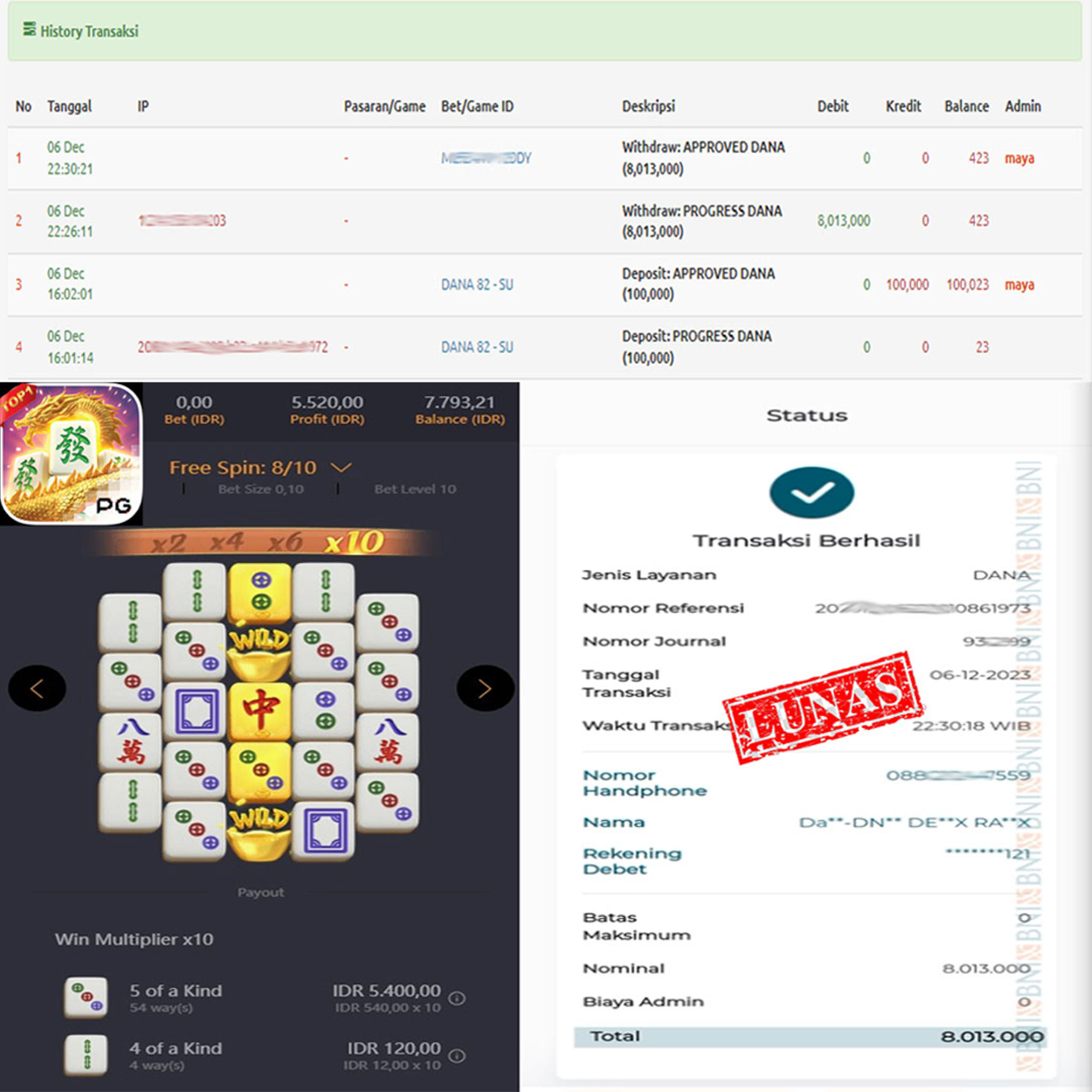 BUKTI WD PUASBET 06 DES 2023 ( mahjong-ways2  Rp. 8,013,000– LUNAS)