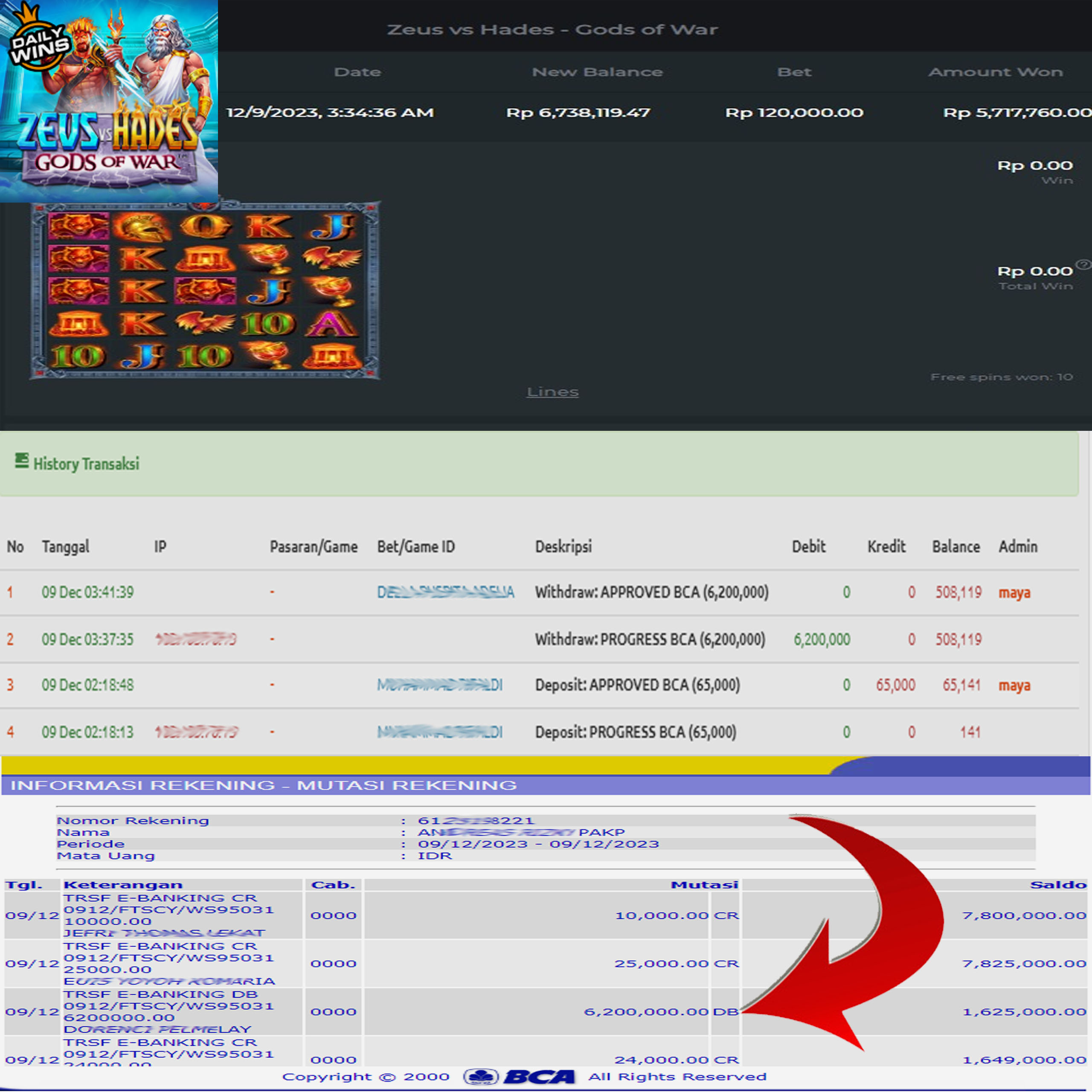 BUKTI WD PUASBET 09 DES 2023 ( Zeus vs Hades – Gods of War Rp. 6,200,000– LUNAS)