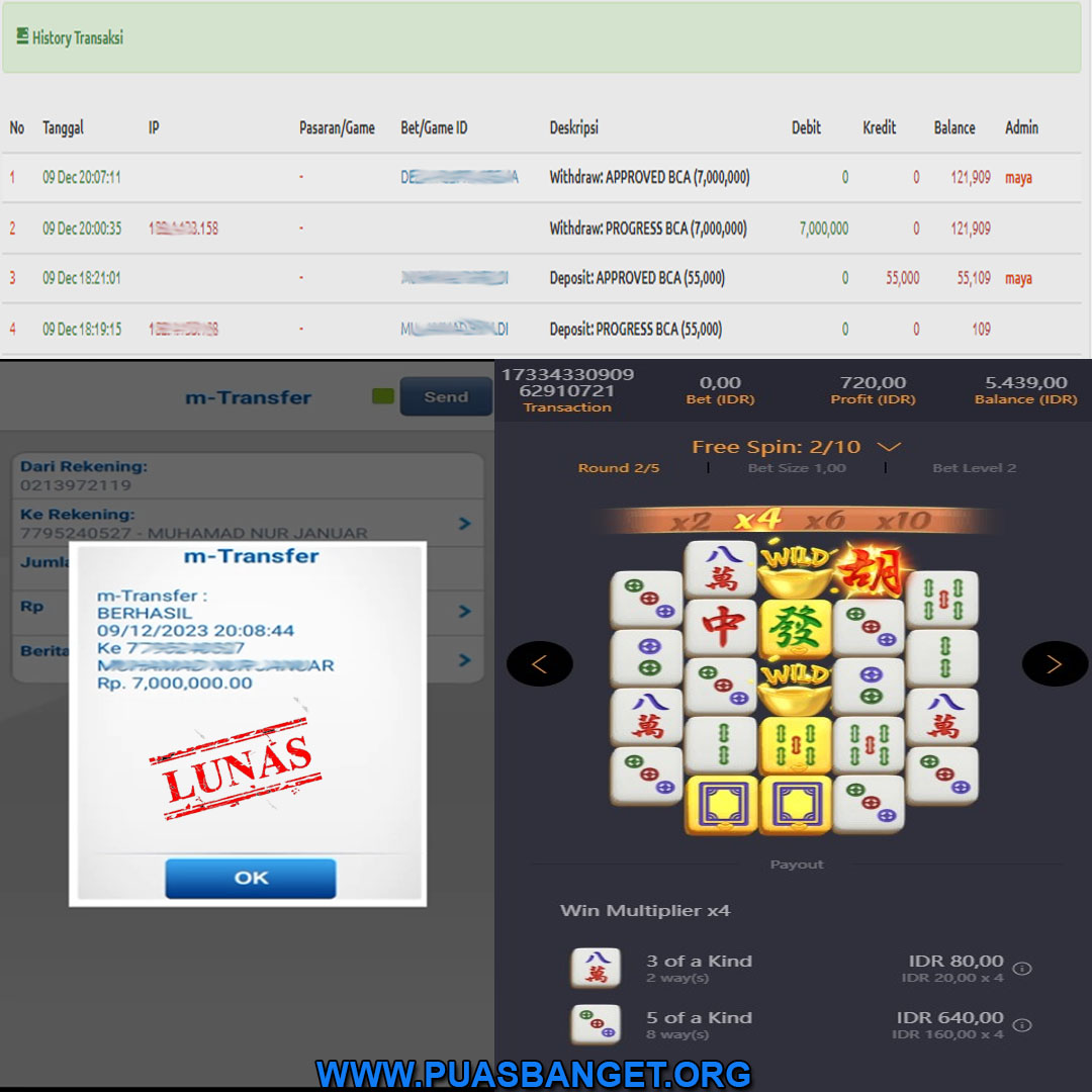 BUKTI WD PUASBET 09 DES 2023 ( Mahjong Ways  2 Rp. 7,000,000– LUNAS)