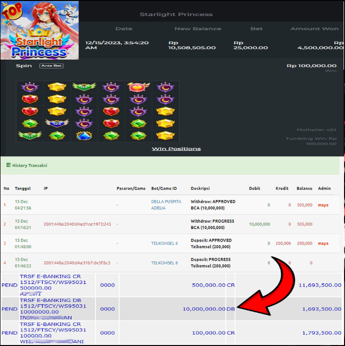 BUKTI WD PUASBET 15 DES 2023 ( Starlight Princess Rp. 10,000,000– LUNAS)