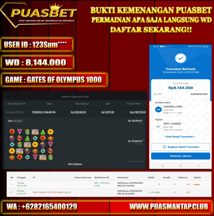 BUKTI WD PUASBET 19 DES 2023 ( Gates Gates Of Olympus 1000 Rp. 8,144,000– LUNAS)