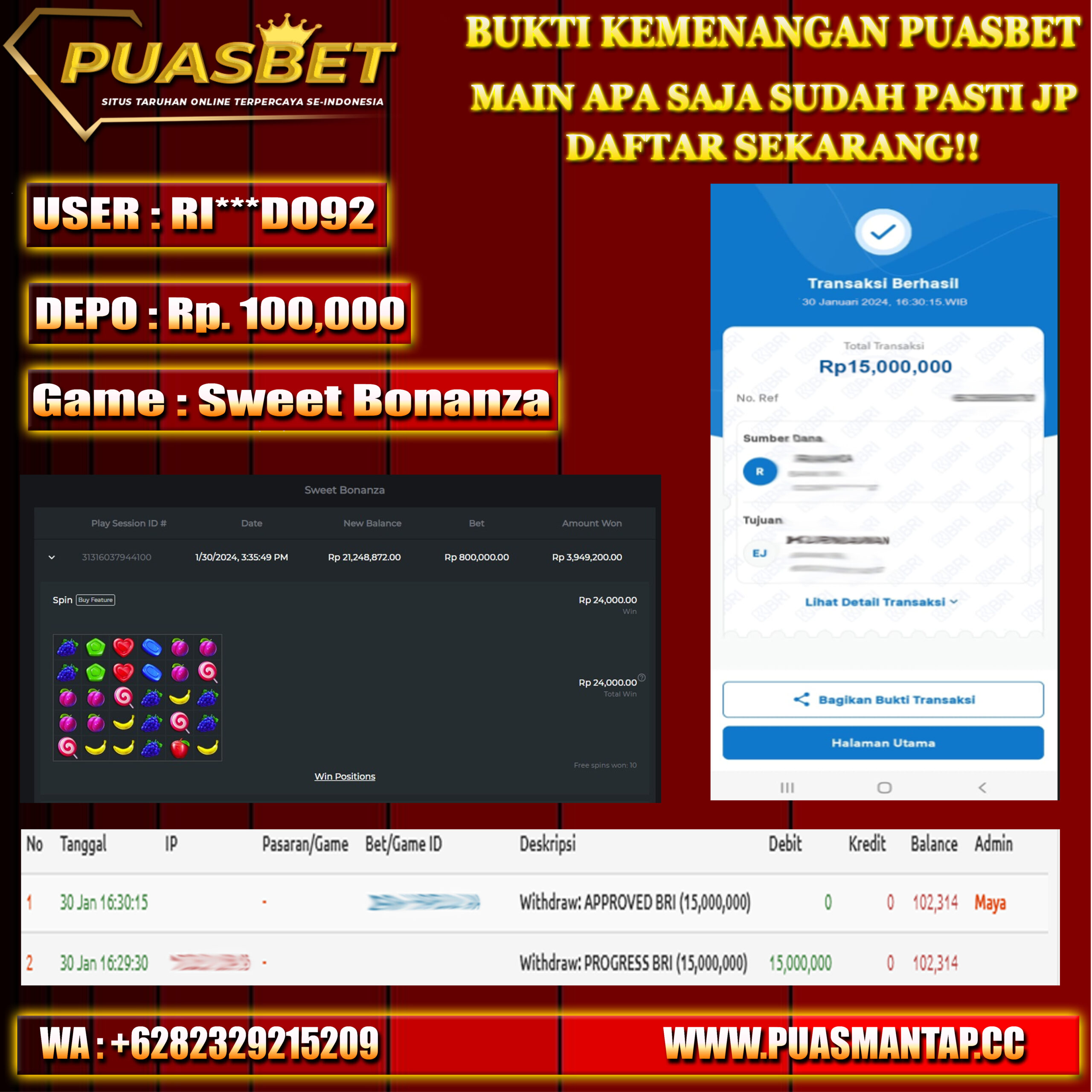 BUKTI WD PUASBET 30 JAN 2024 ( Sweet Bonanza ) Rp,15,000,000-lUNAS)