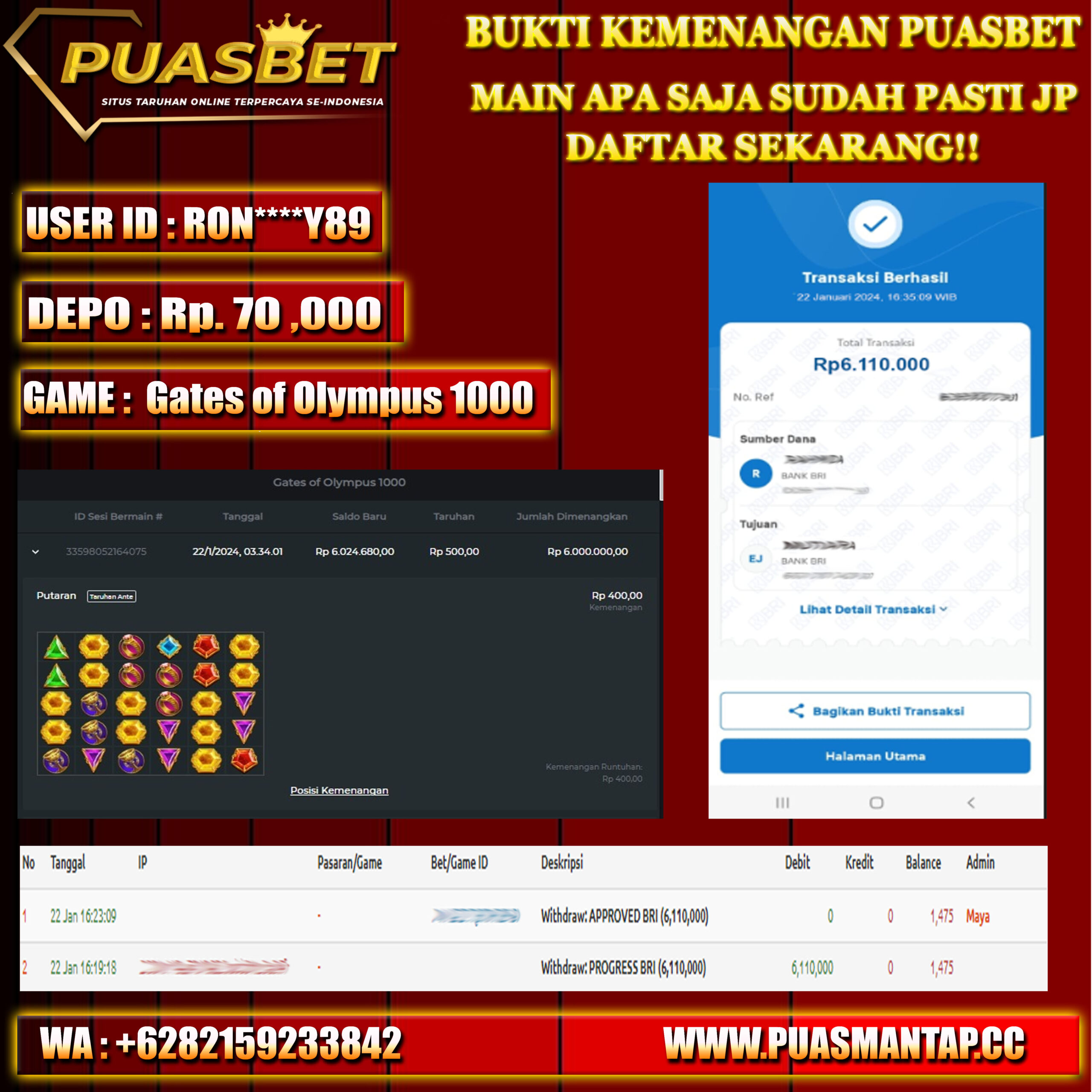 BUKTI WD PUASBET 22 JAN 2024 ( Gates of Olympus 1000 ) Rp.6,000,000 – LUNAS)