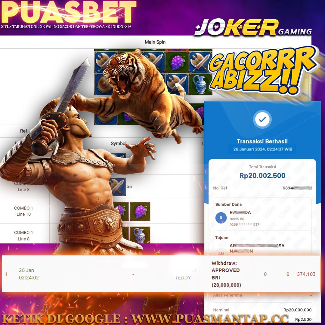 BUKTI WD PUASBET 26 JAN 2024 ( JOKER – ROMA ) Rp.20,002,500 – LUNAS)