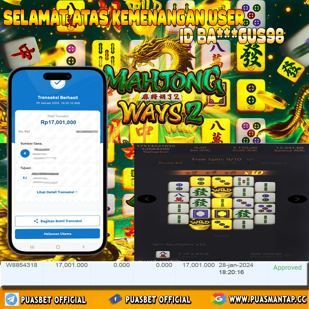 BUKTI WD PUASBET 28 JAN 2024 ( Mahjong Ways 2 ) Rp.17,001,000 – LUNAS)