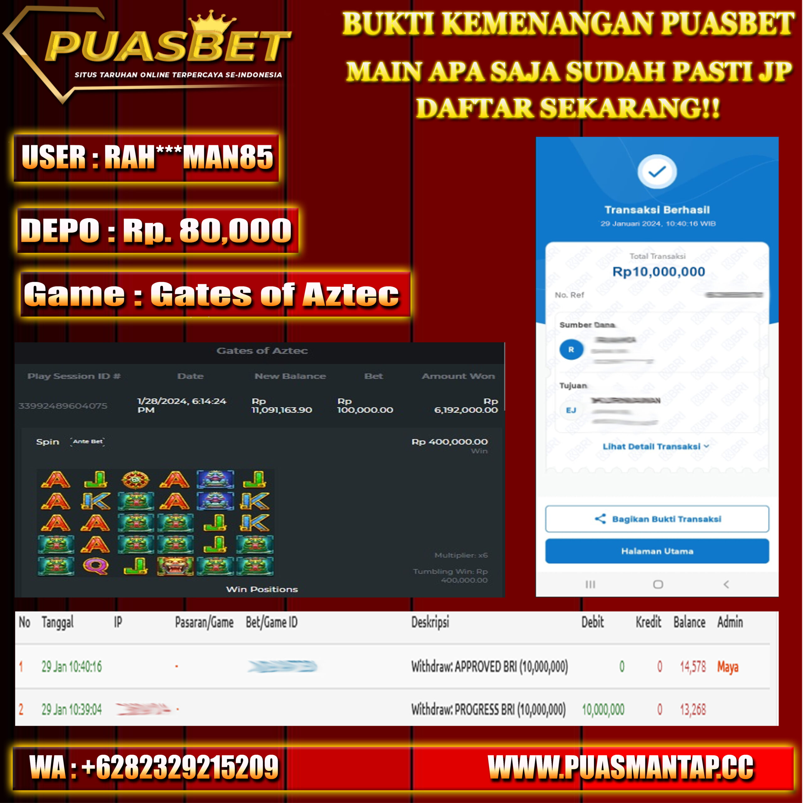 BUKTI WD PUASBET 29 JAN 2024 ( Gates of Aztec ) Rp.10,000,000 – LUNAS)