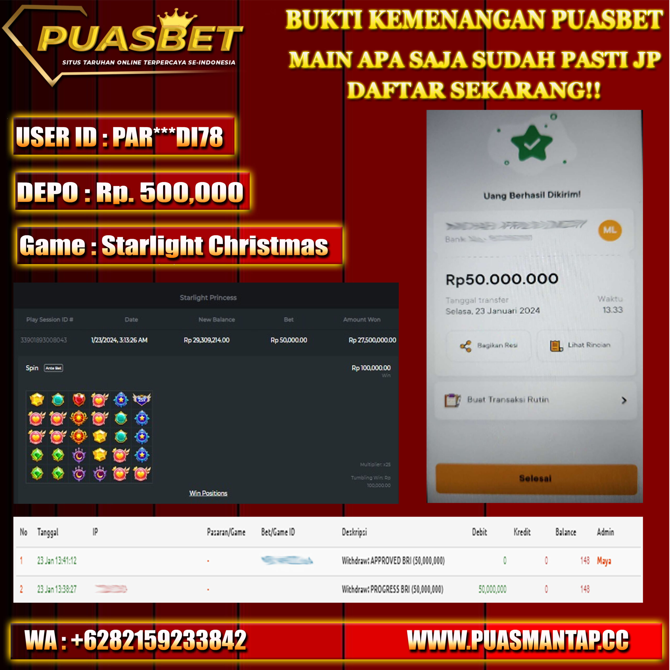 BUKTI WD PUASBET 23 JAN 2024 ( Starlight Christmas ) Rp.50,000,000 – LUNAS)