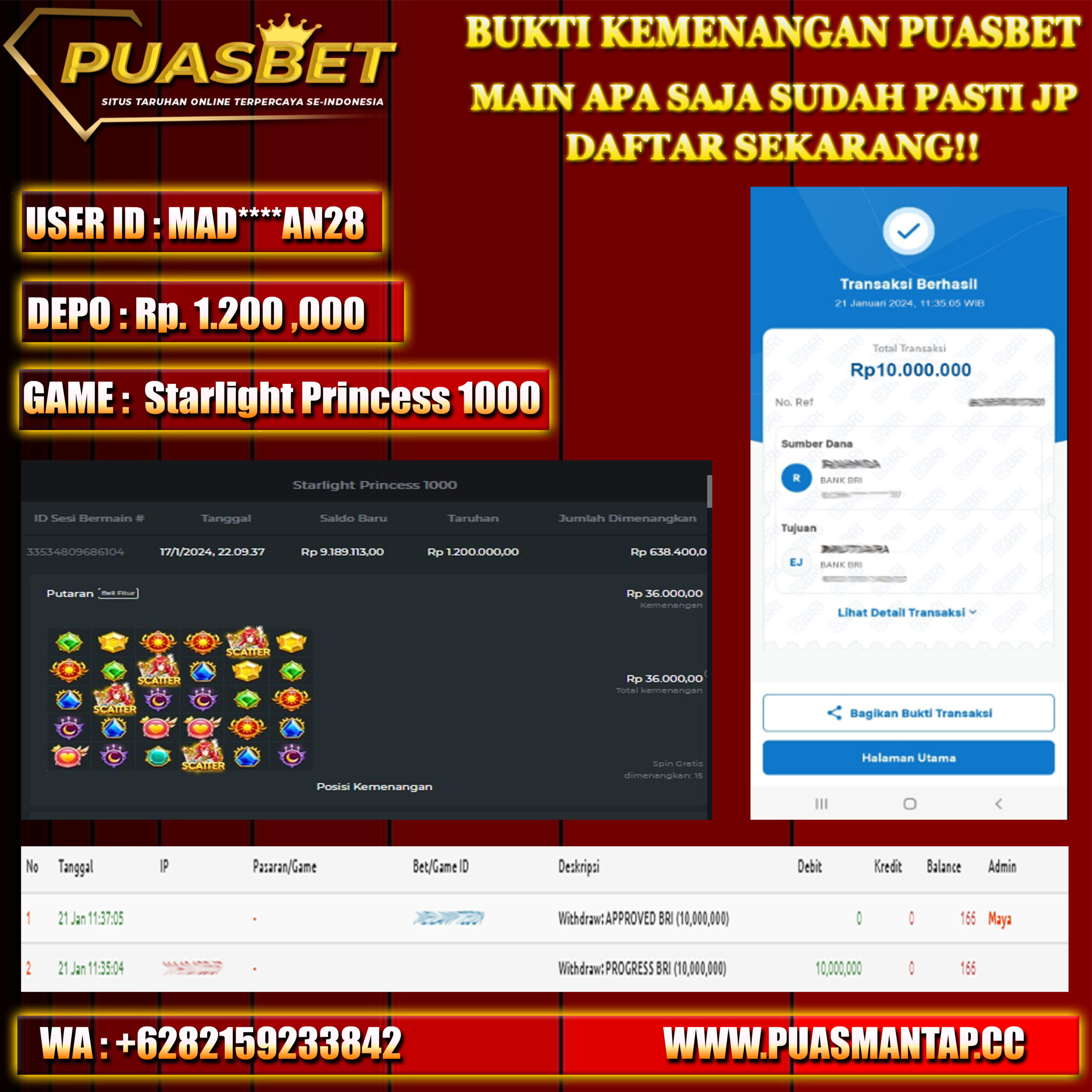 BUKTI WD PUASBET 21 JAN 2024 ( Starlight Princess 1000 ) Rp.10,000,000 – LUNAS)