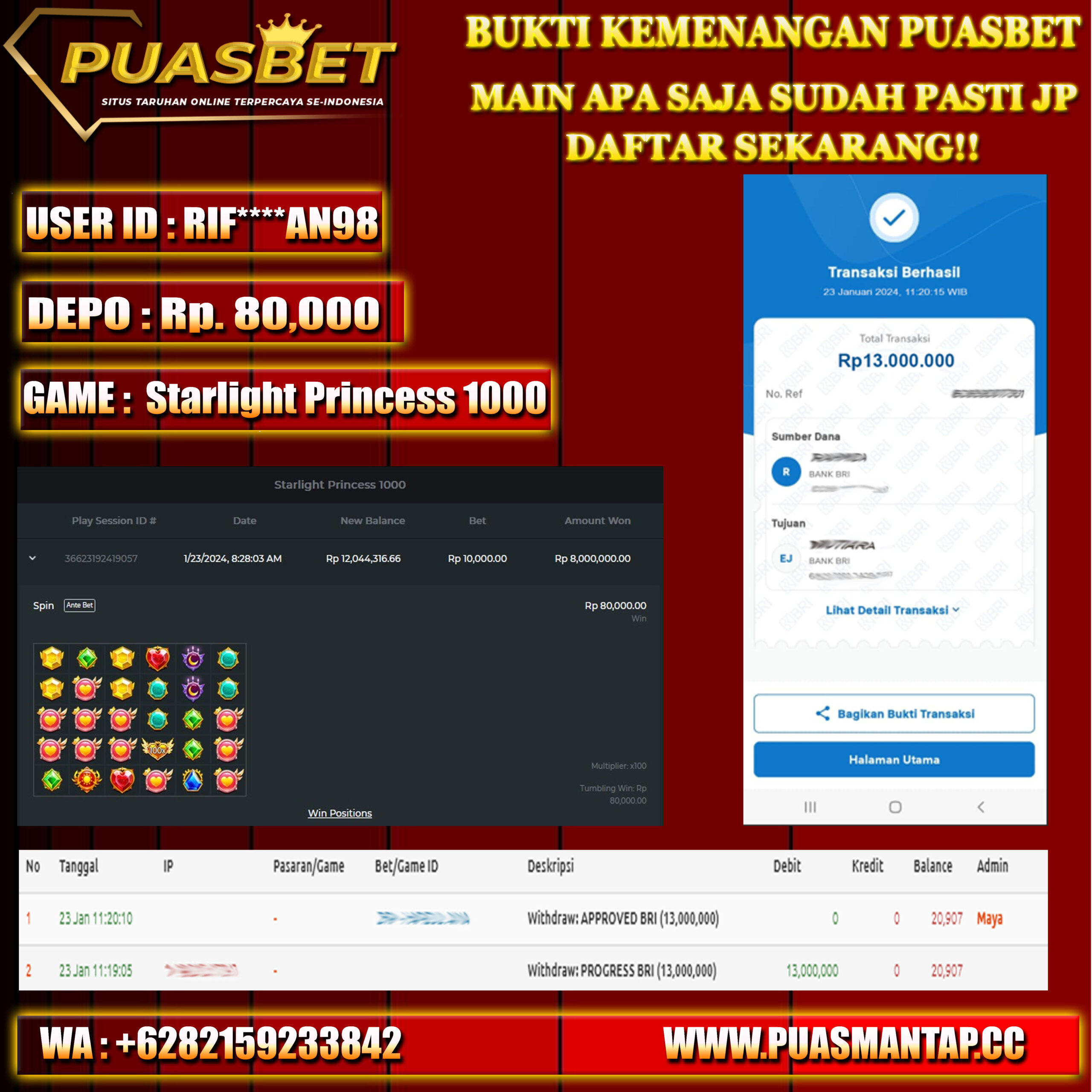 BUKTI WD PUASBET 23 JAN 2024 ( Starlight Princess 1000 ) Rp.13,000,000 – LUNAS)