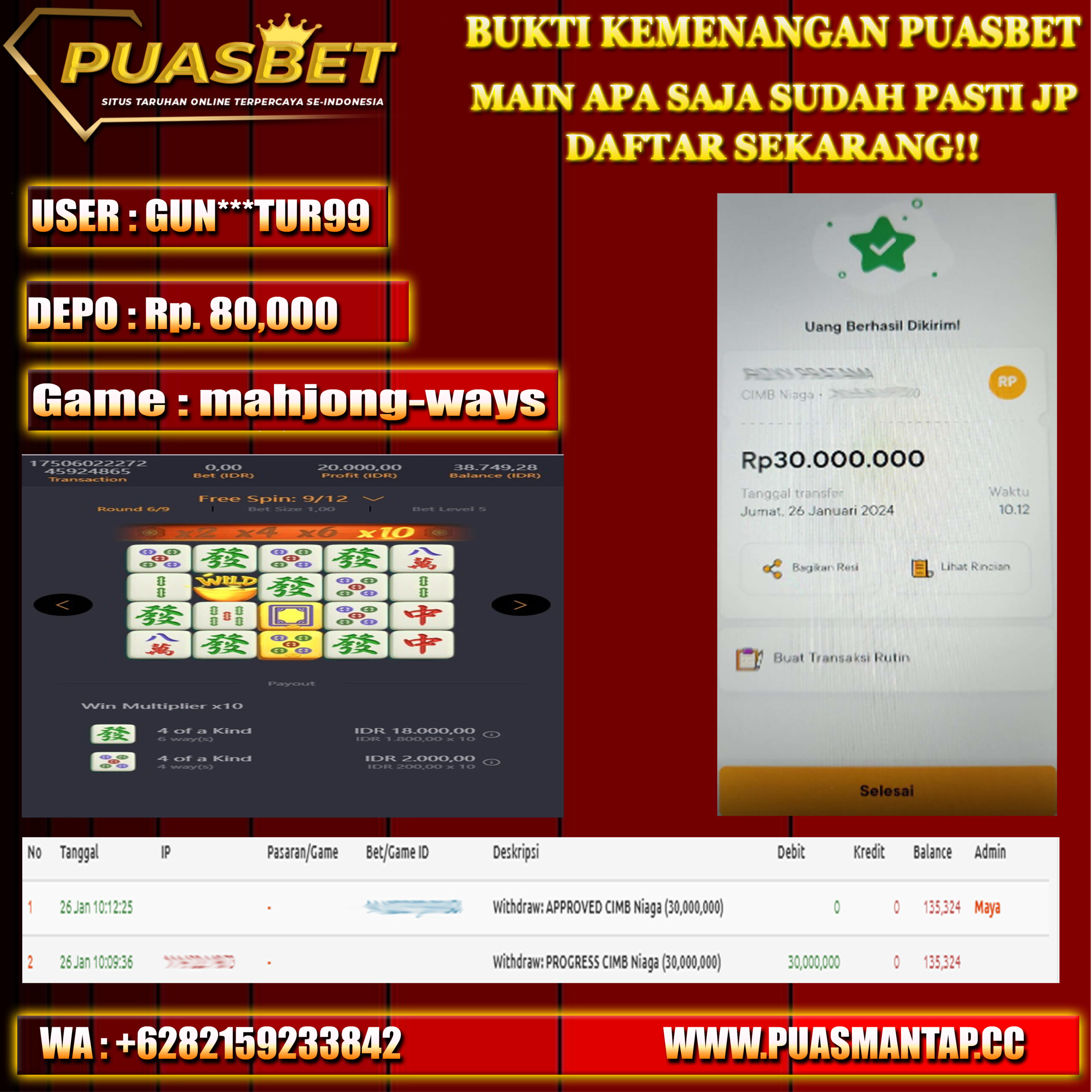 BUKTI WD PUASBET 26 JAN 2024 ( mahjong-ways ) Rp.30,000,000 –( LUNAS )