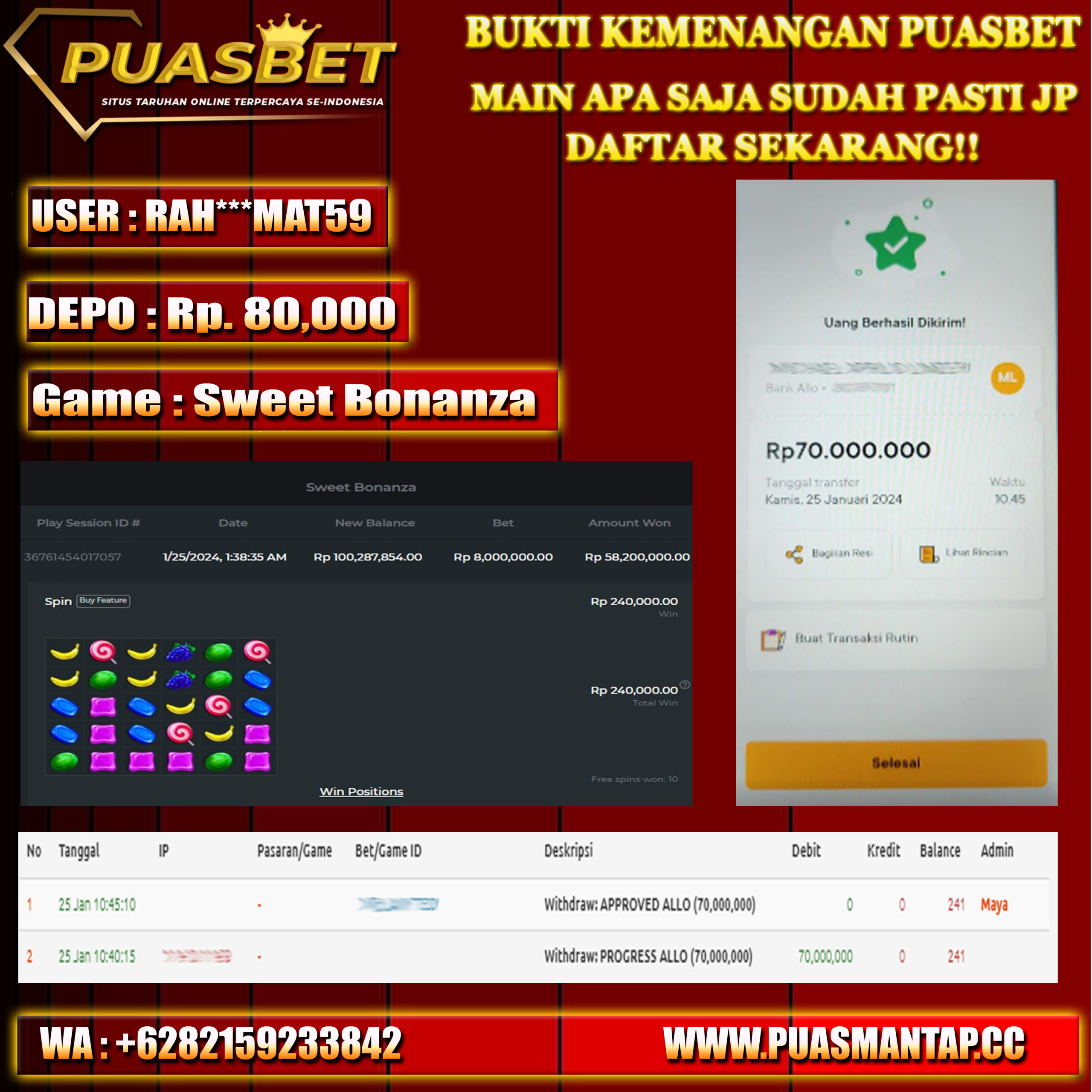 BUKTI WD PUASBET 25 JAN 2024 ( Sweet Bonanza ) Rp.70,000,000 – LUNAS)