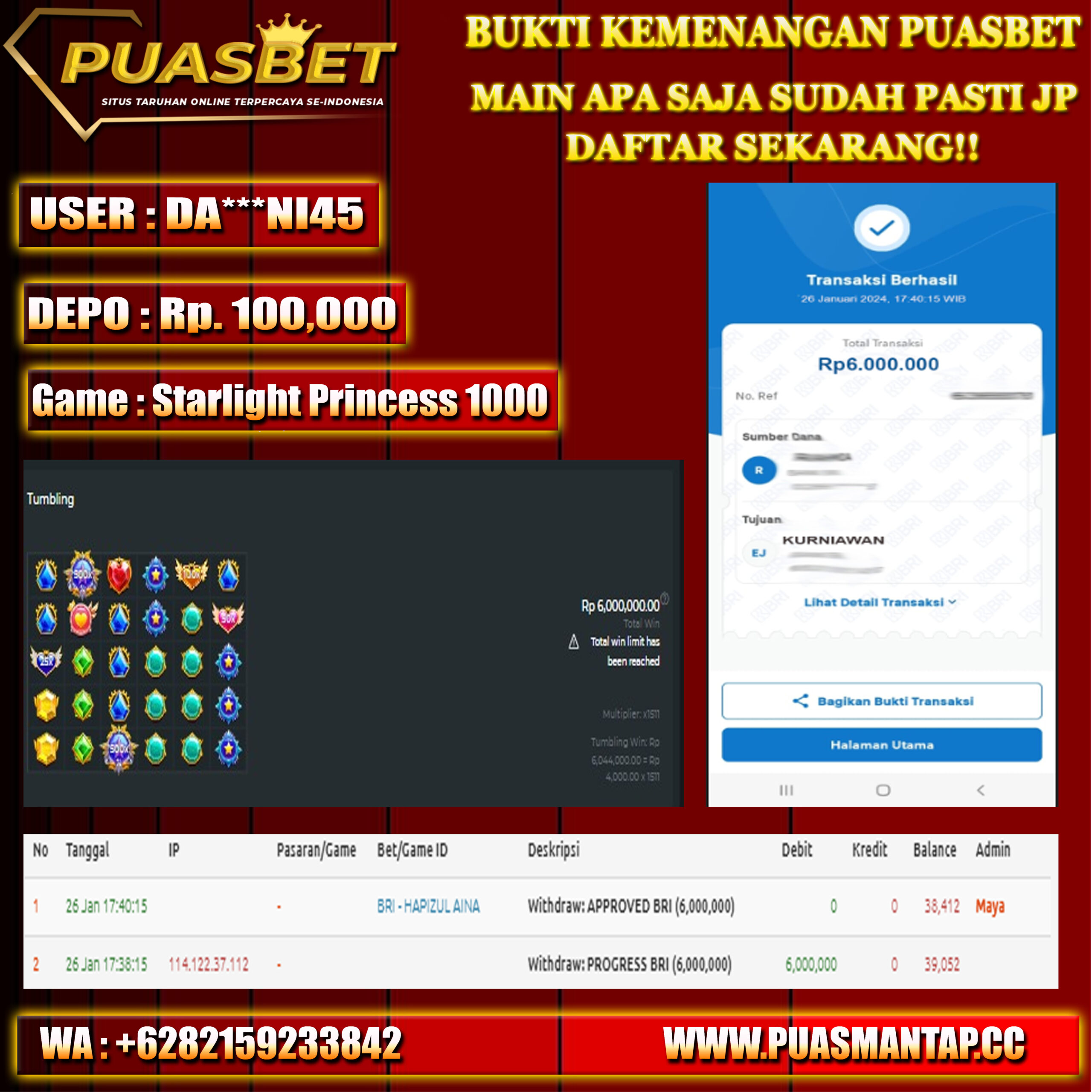 BUKTI WD PUASBET 26 JAN 2024 ( Starlight Princess 1000 ) Rp.6,000,000 – LUNAS)