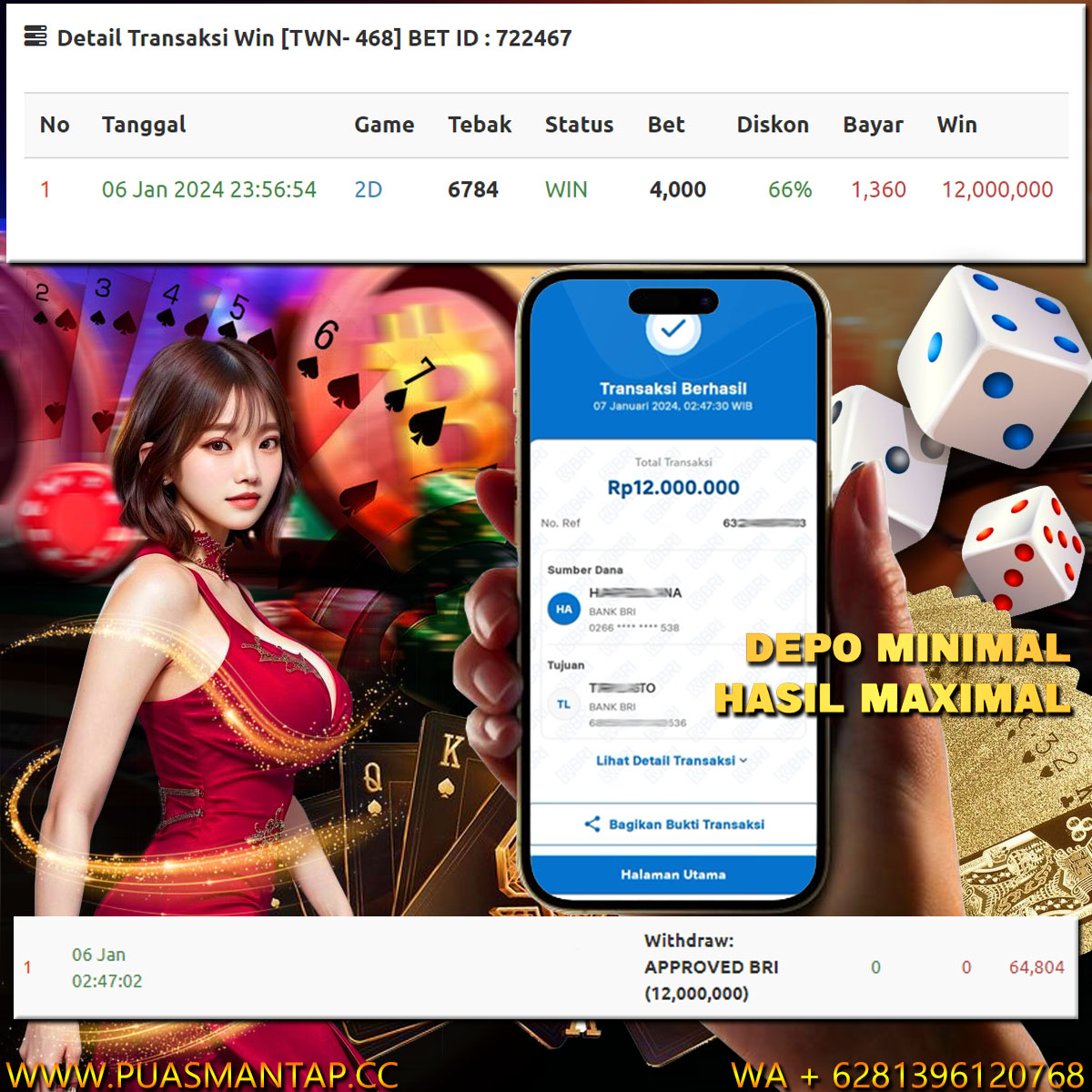 BUKTI WD PUASBET 07 JAN 2024 ( TOGEL PASARAN TAIWAN Rp.12,000,000 – LUNAS)