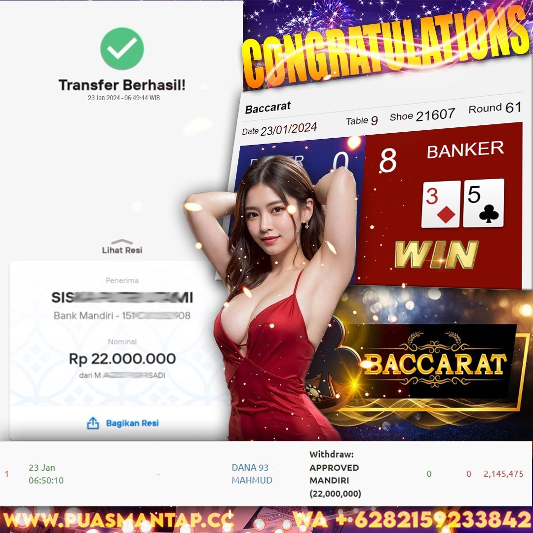 BUKTI WD PUASBET 23 JAN 2024 ( BACCARAT ) Rp.22,000,000 – LUNAS)