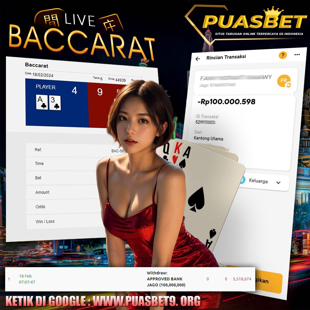 BUKTI WD PUASBET 17 FEB 2024 ( BACCARAT ) Rp.65,000,000 – LUNAS)