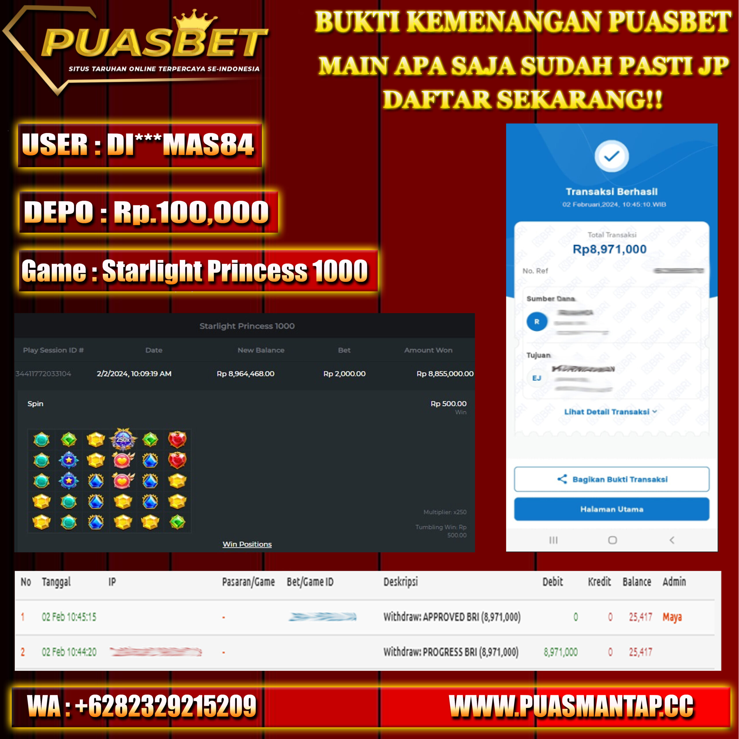 BUKTI WD PUASBET 02 FEB 2024 ( Starlight Princess 1000) Rp.8,971,000 – LUNAS)