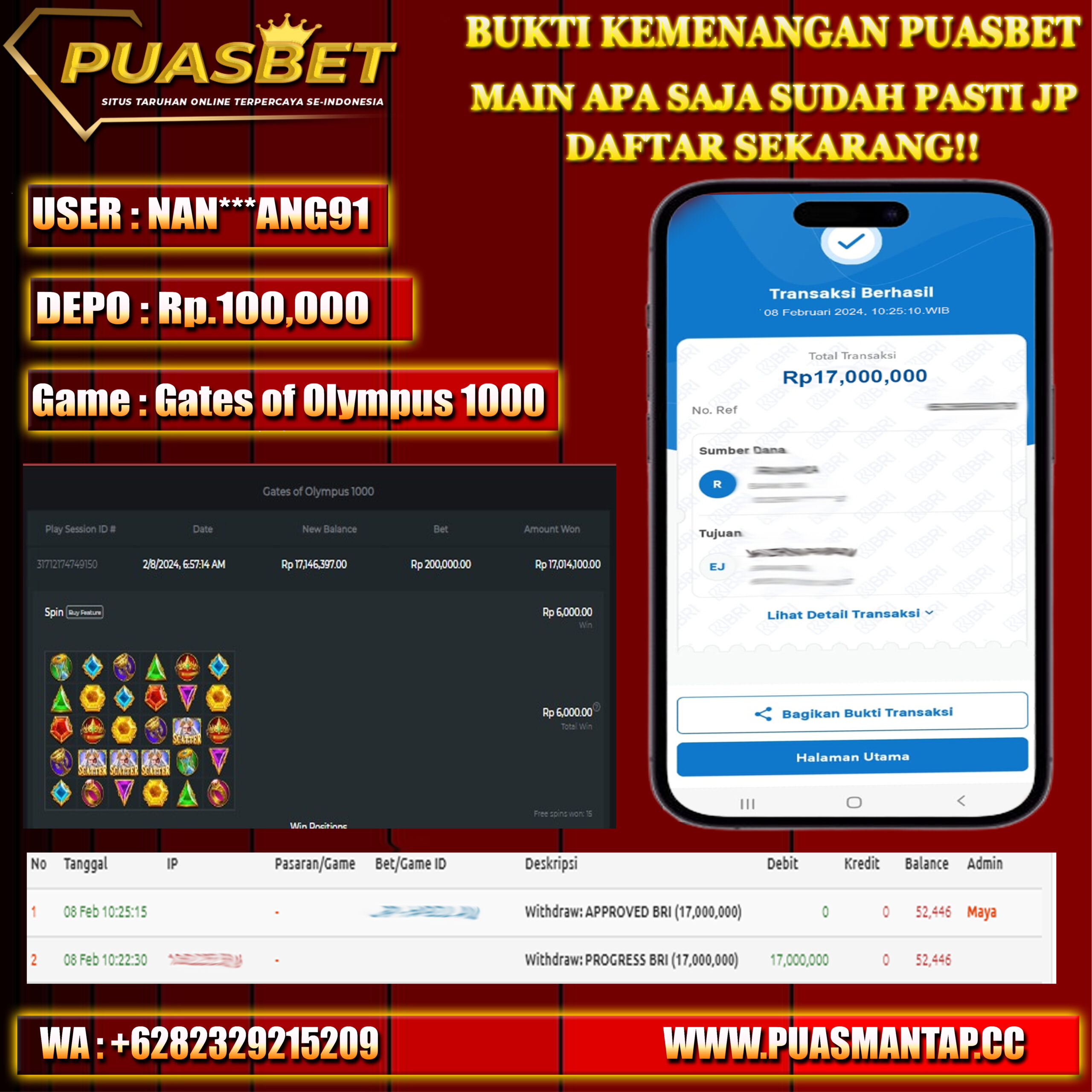 BUKTI WD PUASBET 08 FEB 2024 ( Gates of Olympus 1000 ) Rp.17,000,000 – LUNAS)