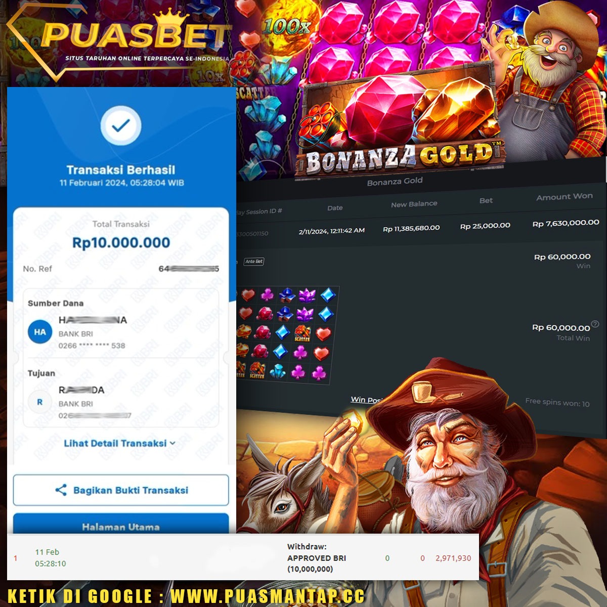 BUKTI WD PUASBET 11 FEB 2024 ( BONANZA GOLD ) Rp.10,000,000 – LUNAS)