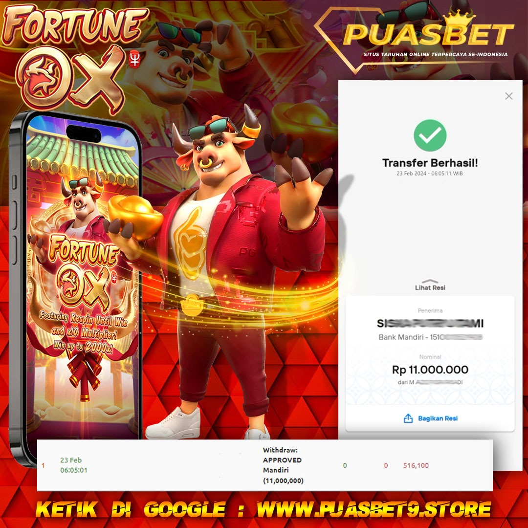 BUKTI WD PUASBET 23 FEB 2024 ( FORTUNE OX  ) Rp.11,000,000 – LUNAS)