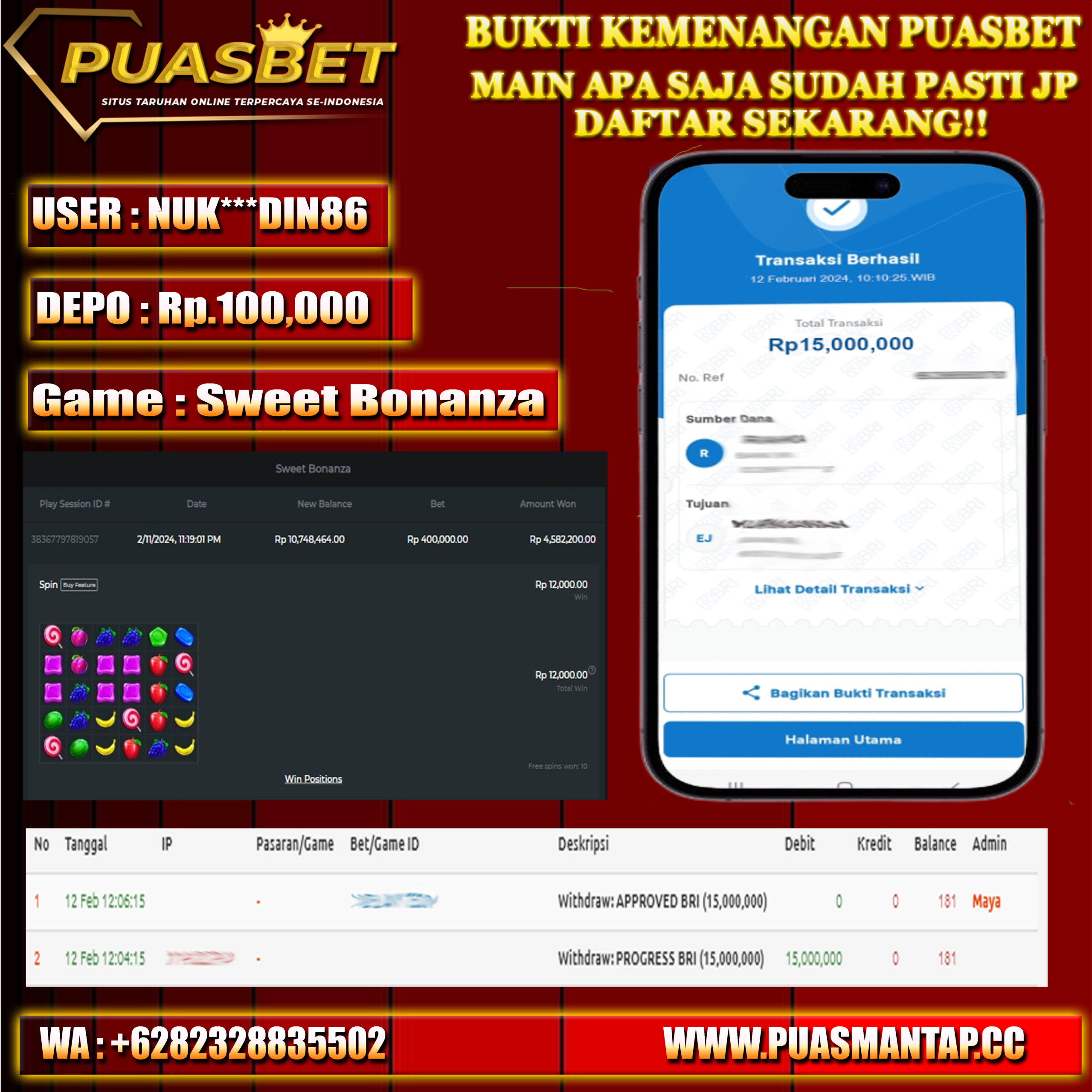 BUKTI WD PUASBET 12 FEB 2024 ( Sweet Bonanza ) Rp.6,000,000 –LUNAS)