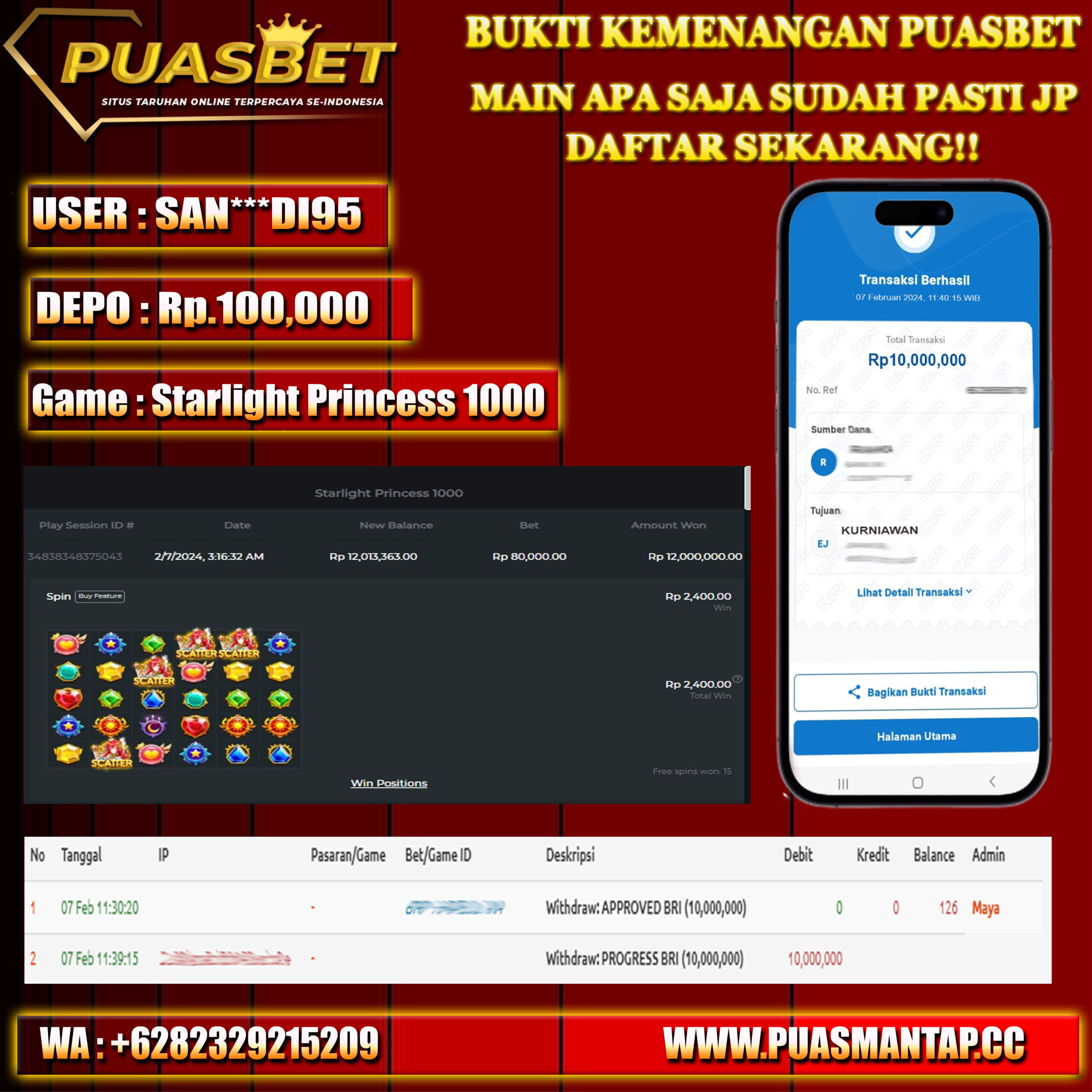 BUKTI WD PUASBET 07 FEB 2024 ( Starlight Princess 1000 ) Rp.10,000,000 – LUNAS)