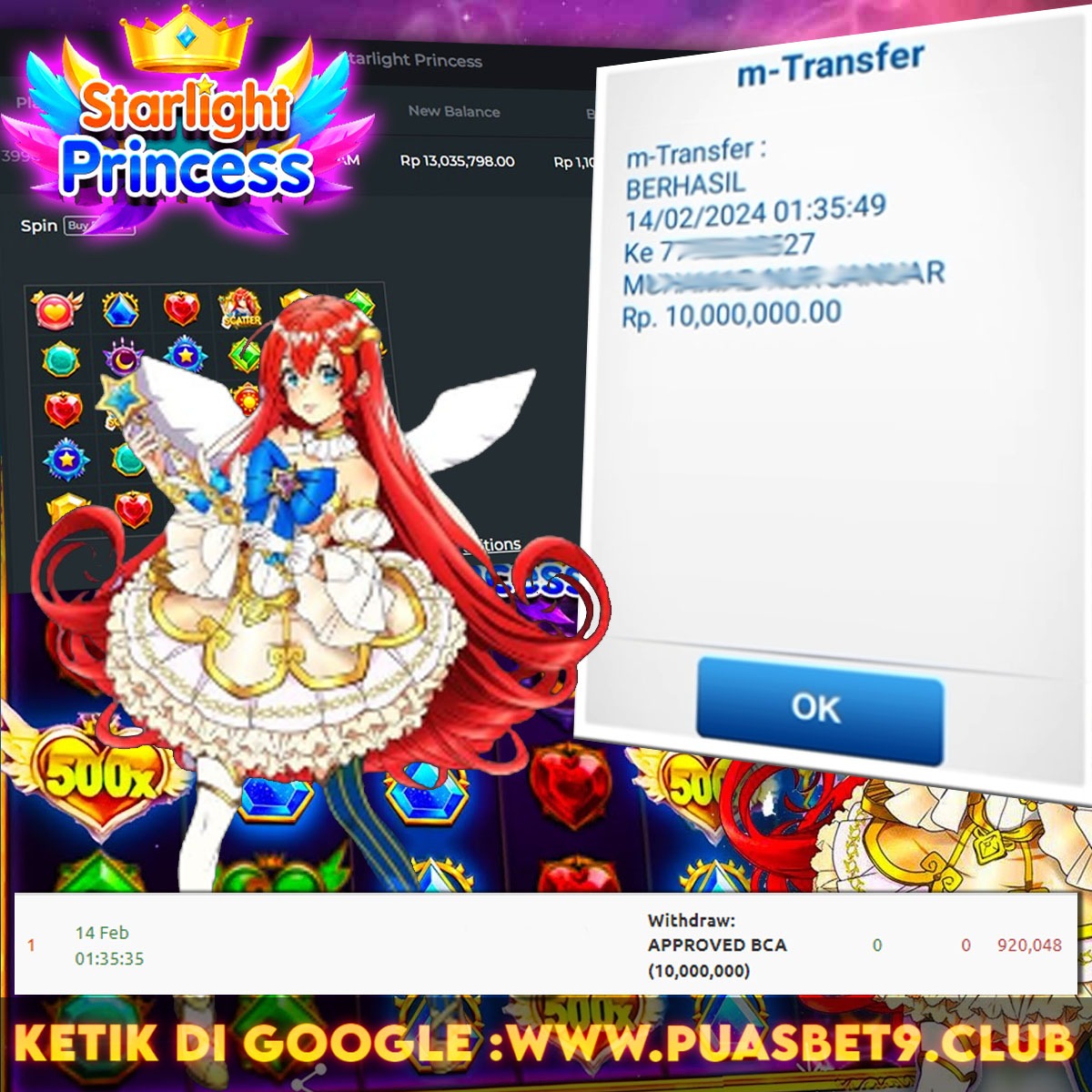 BUKTI WD PUASBET 14 FEB 2024 ( Starlight Princess ) Rp.10,000,000 – LUNAS)