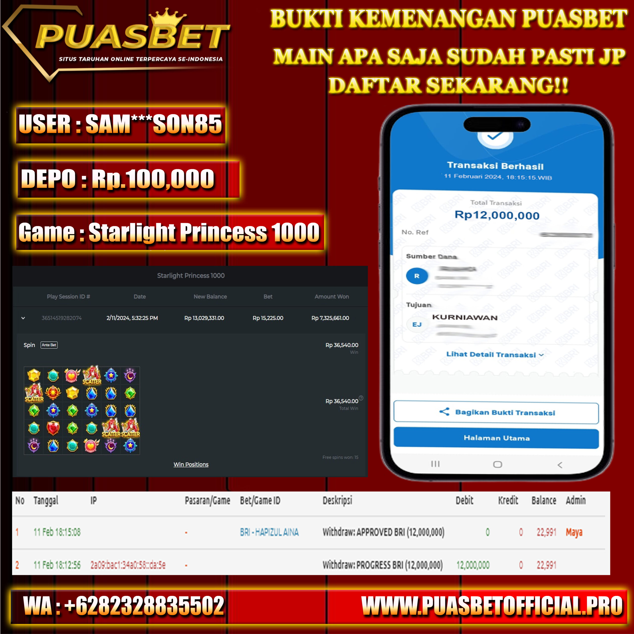 BUKTI WD PUASBET 11 FEB 2024 ( Starlight Princess 1000 ) Rp.12,000,000 – LUNAS)