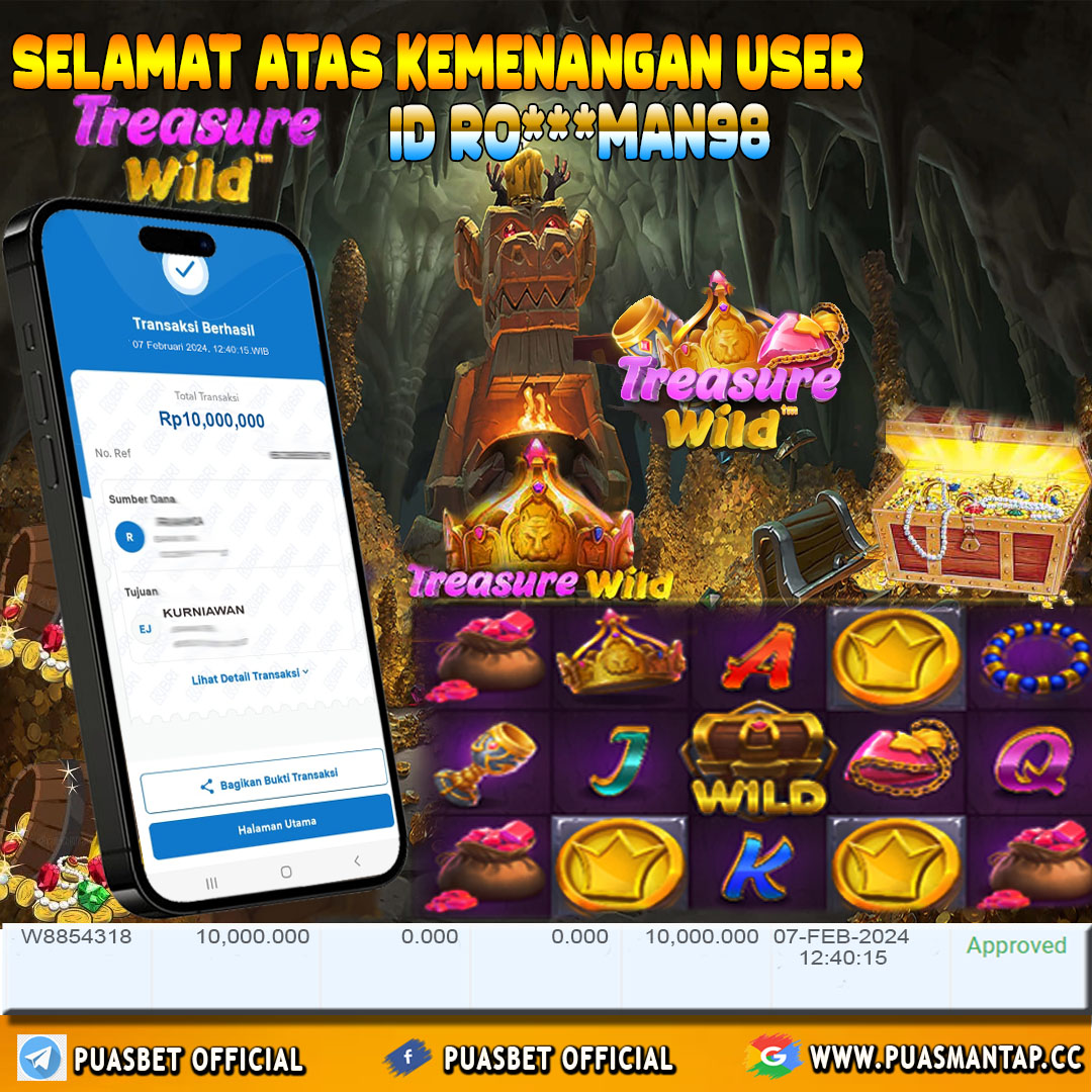 BUKTI WD PUASBET 02 FEB 2024 ( Treasure Wild ) Rp.10,000,000 – LUNAS)