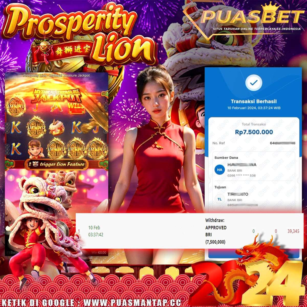 BUKTI WD PUASBET 10 FEB 2024 ( Prosperity Lion ) Rp.7,500,000 – LUNAS)