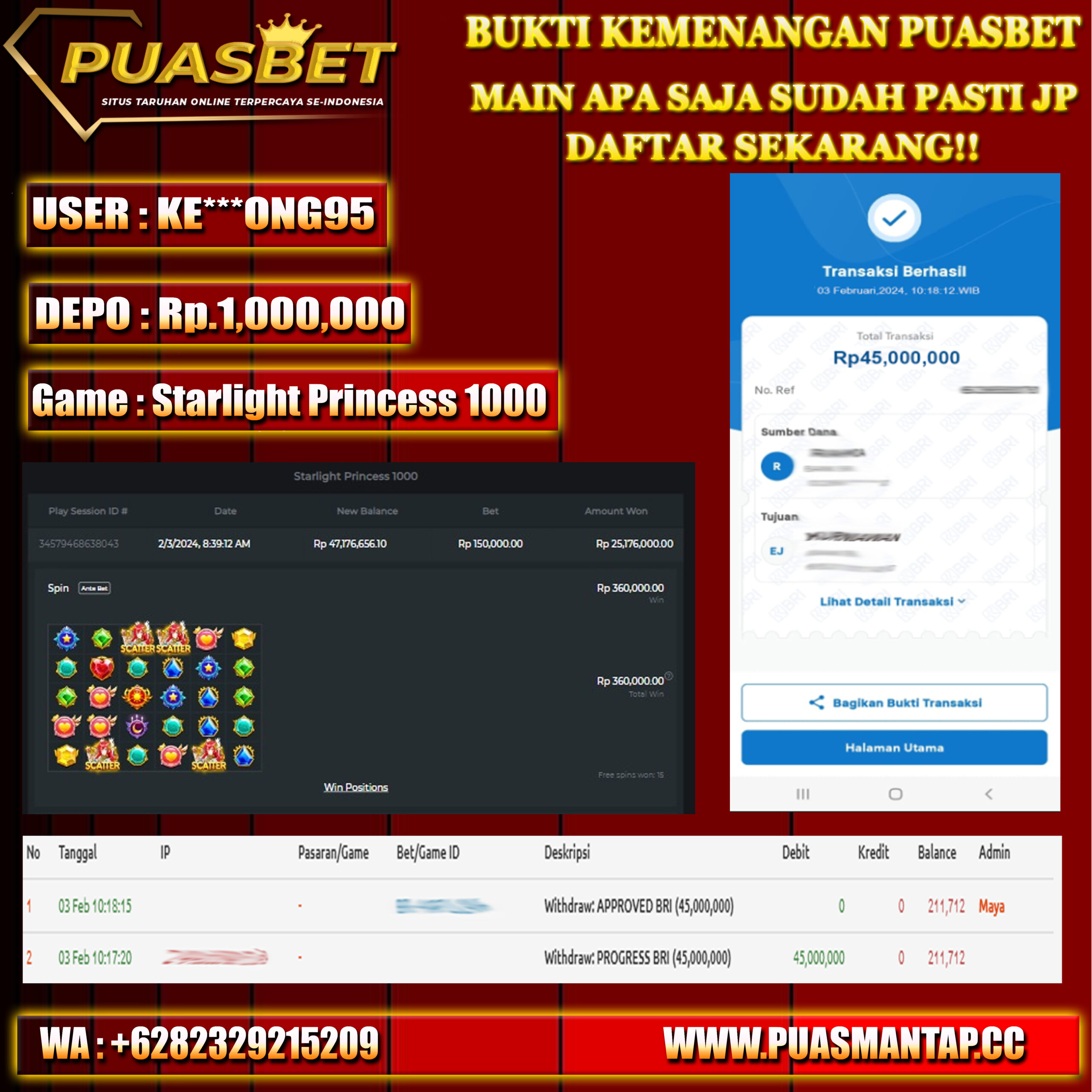 BUKTI WD PUASBET 03 FEB 2024 ( Starlight Princess 1000 ) Rp.45,000,000 – LUNAS)