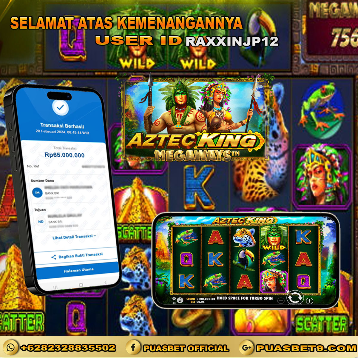 BUKTI WD PUASBET 20 FEB 2024 ( Aztec King Megaways ) Rp.65,000,000 – LUNAS)