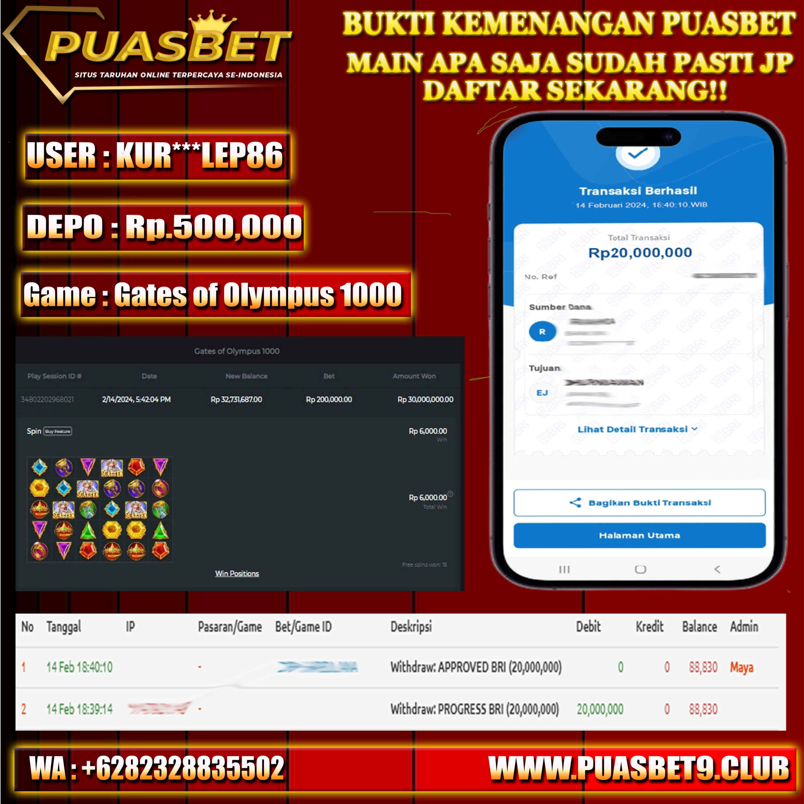 BUKTI WD PUASBET 14 FEB 2024 ( BACCARAT ) Rp.20,000,000 – LUNAS)