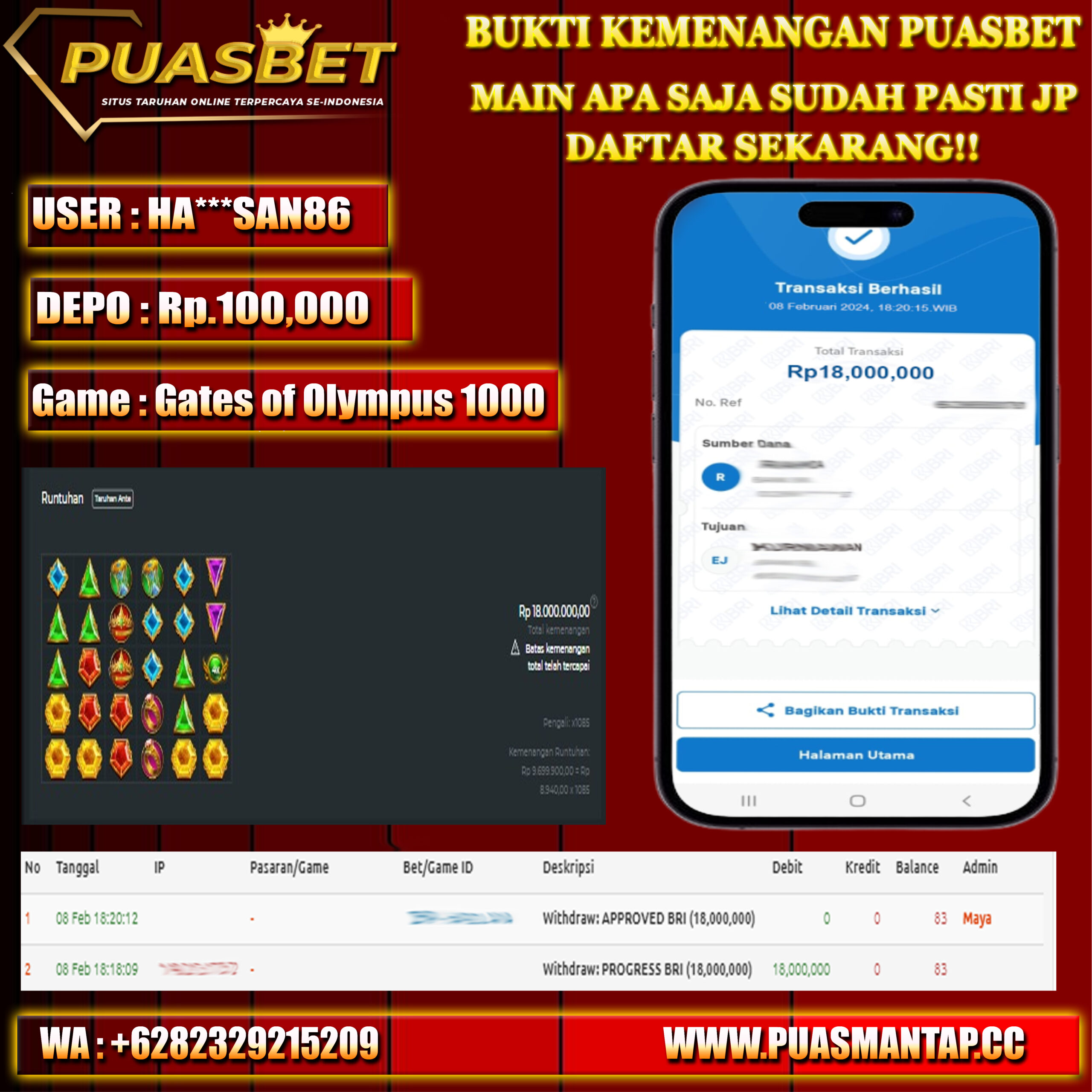 BUKTI WD PUASBET 08 FEB 2024 ( Gates of Olympus 1000) Rp.18,000,000 – LUNAS)