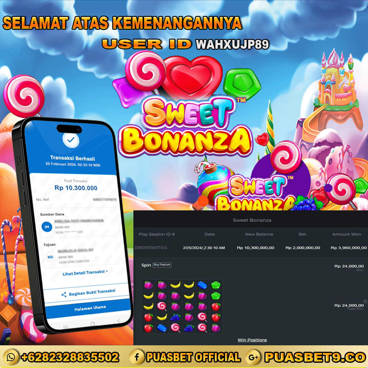 BUKTI WD PUASBET 25 FEB 2024 ( SWEET BONANZA ) Rp.10,300,000 – LUNAS)