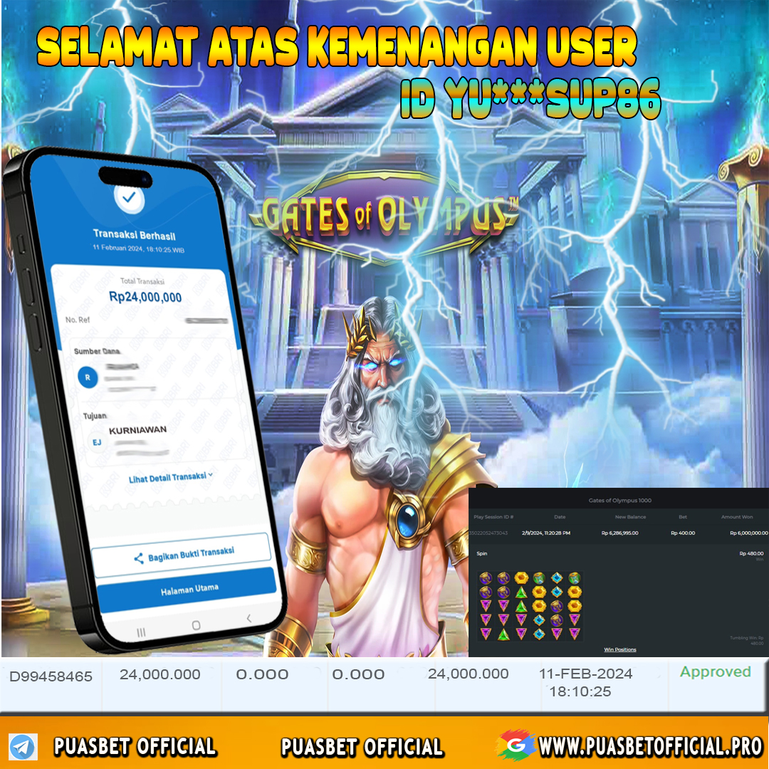 BUKTI WD PUASBET 11 FEB 2024 ( Gates of Olympus ) Rp.24,000,000 – LUNAS)