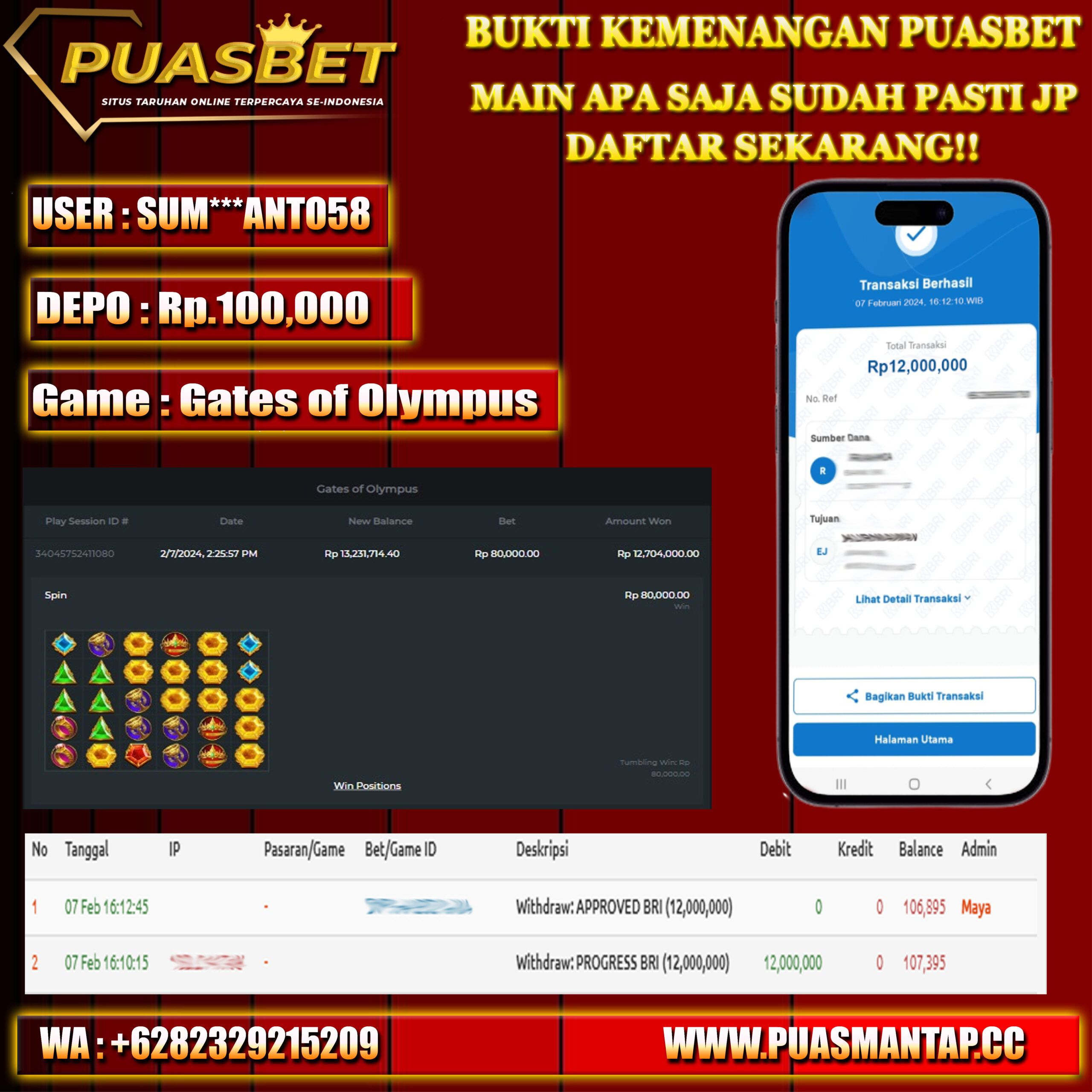 BUKTI WD PUASBET 07 FEB 2024 ( sweet bonanza xmas ) Rp.63,000,000 – LUNAS)