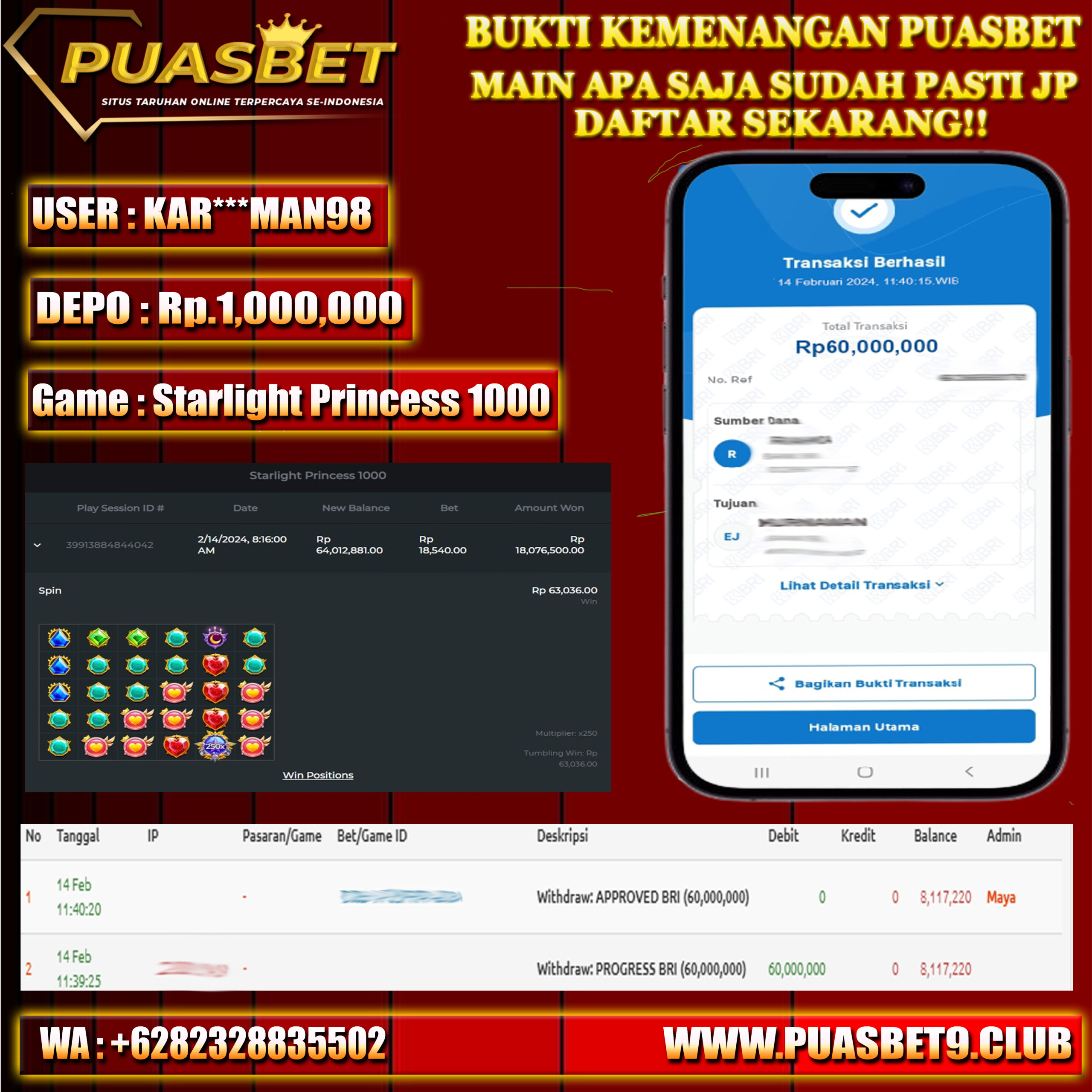 BUKTI WD PUASBET 14 FEB 2024 ( Starlight Princess 1000 ) Rp.60,000,000 – LUNAS)