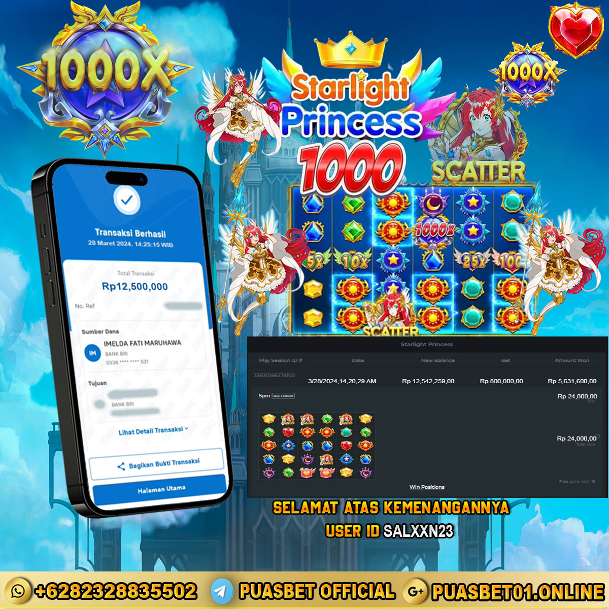 BUKTI WD PUASBET 28 MARET 2024 ( starlight princess 1000 ) Rp.11,500,000 – LUNAS)