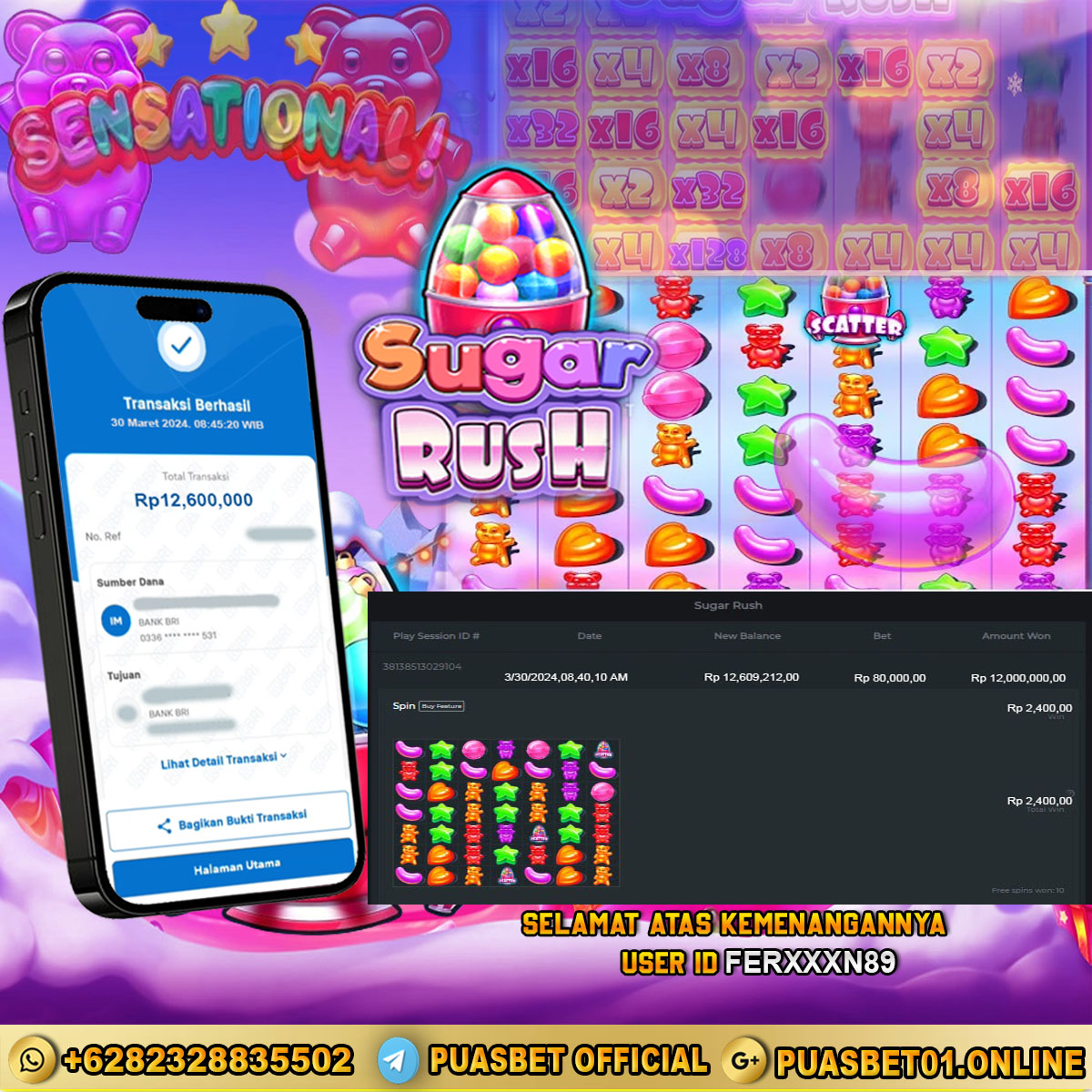 BUKTI WD PUASBET 30 MARET 2024 ( Sugar Rush ) Rp.12,600,000 – LUNAS)