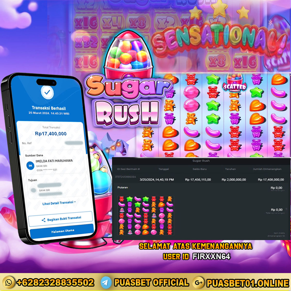 BUKTI WD PUASBET 25 MARET 2024 ( Sugar Rush ) Rp.17,400,000 – LUNAS)