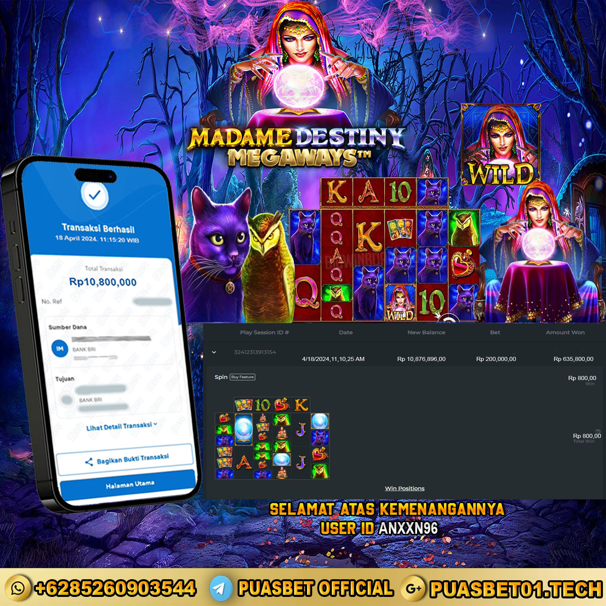 BUKTI WD PUASBET 18 APRIL 2024 ( Madame Destiny Megaways ) Rp.10,800,000 – LUNAS)