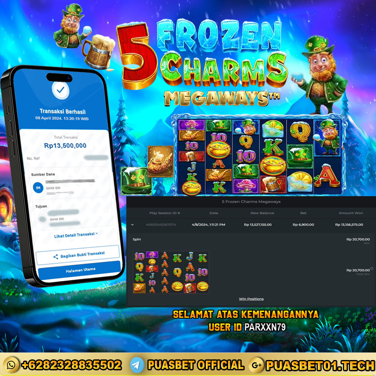 BUKTI WD PUASBET 08 APRIL 2024 ( 5 frozen charms megaways ) Rp.13,500,000 – LUNAS)