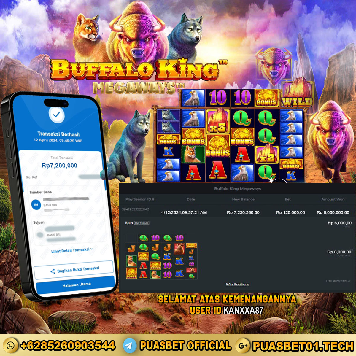 BUKTI WD PUASBET 12 APRIL 2024 ( Buffalo King Megaways ) Rp.7,200,000 – LUNAS)