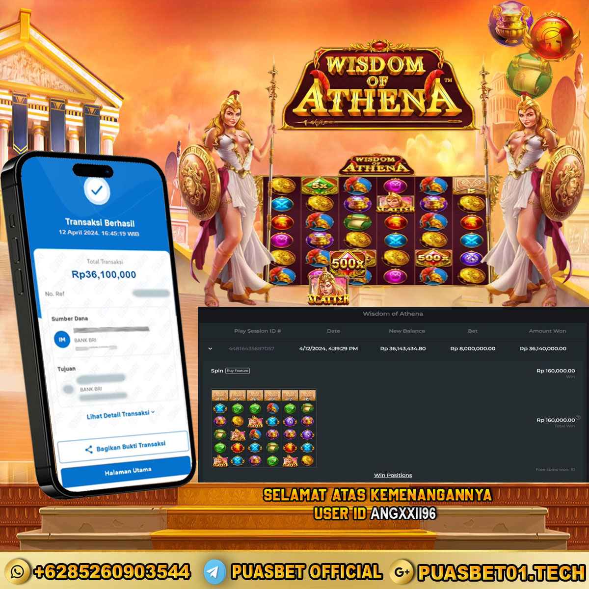 BUKTI WD PUASBET 12 APRIL 2024 ( Wisdom of Athena ) Rp.36,100,000 – LUNAS)